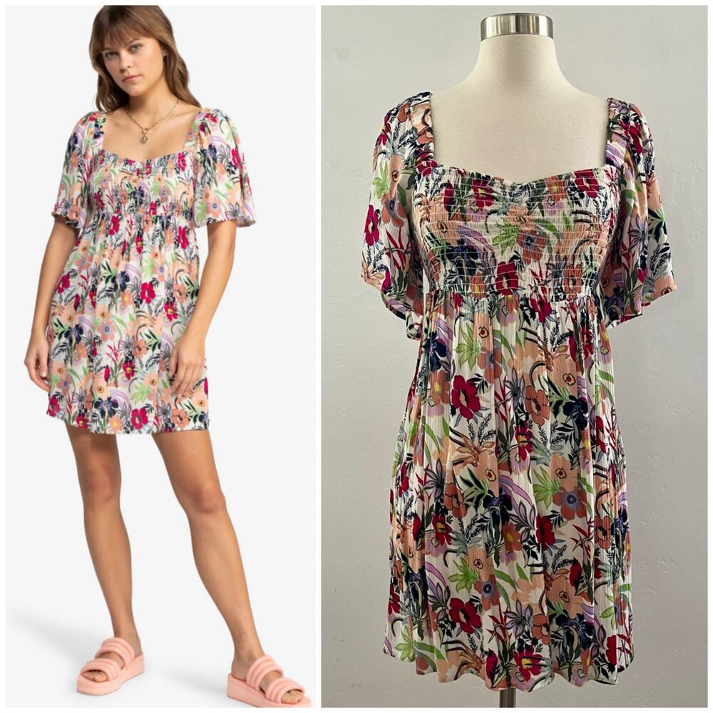 Roxy Golden Dawn Floral Dress Small Mini Smocked Summer Tropical Colorful NEW